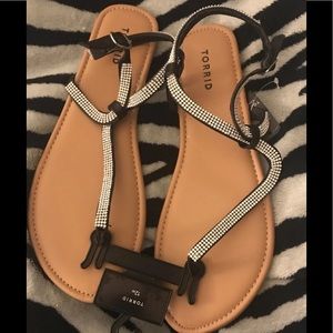 Torrid Black Rhinestone T-Strap Sandals